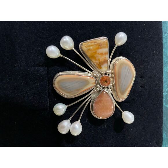 Artisan Sterling Silver Pendant with Jasper, Pearl Accents & Gemstone Center - Picture 4 of 7